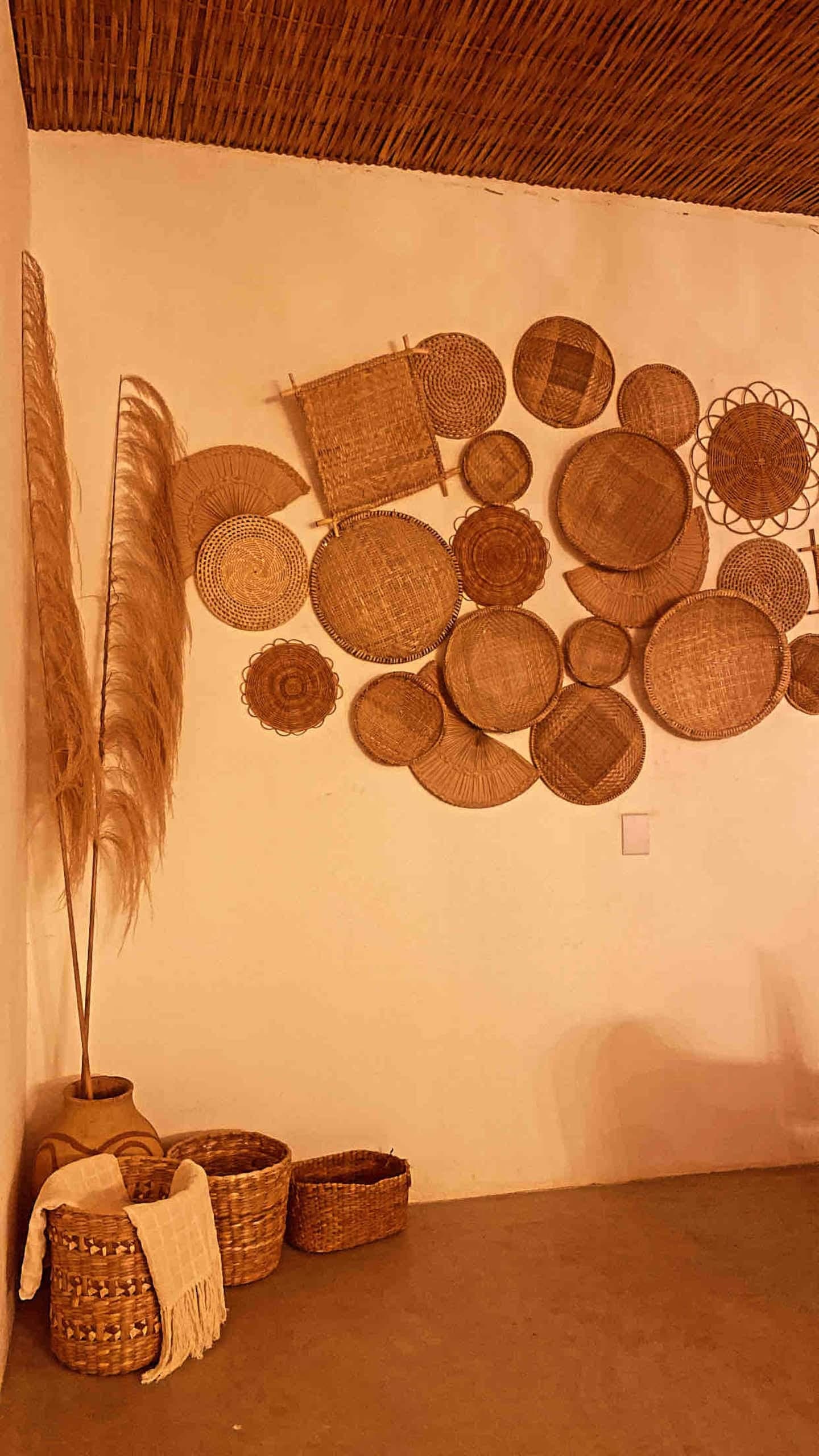 Cestos e pratos de fibra natural pendurados na parede, com capim-dos-pampas